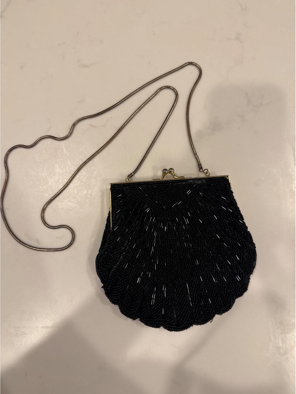 Vintage Black Beaded Shell Shaped Evening Bag with Chain Strap